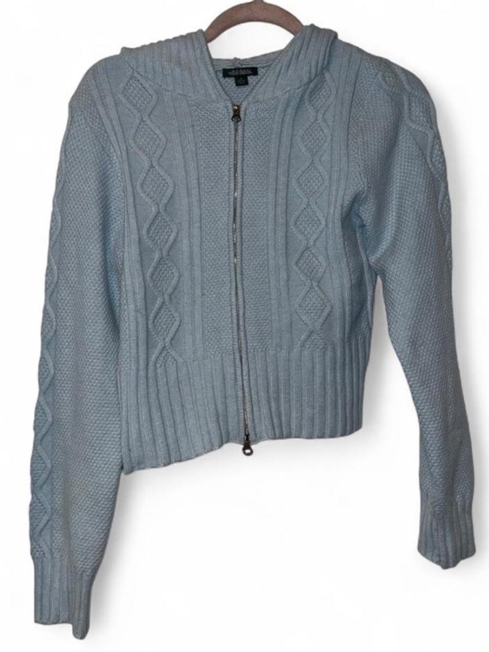 Wild Fable Blue Cable Knit Zip Up Hoodie Sweater Cropped Size M